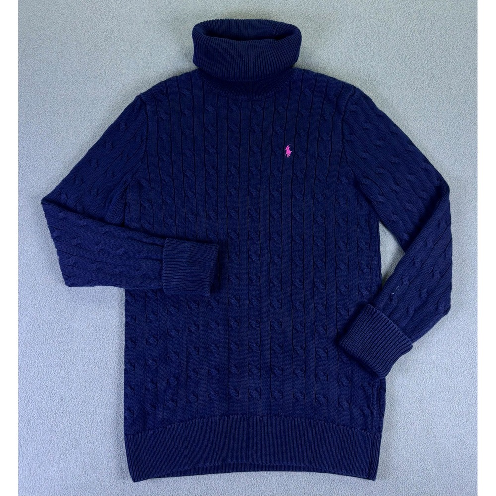 Ralph Lauren Sport Sweater Dress Large Blue Cable Knit Roll Neck Old Money Prep - Picture 3 of 9